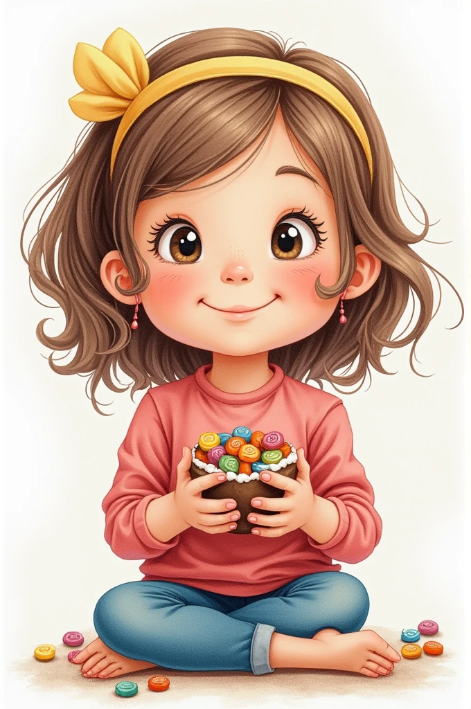 Drawing of a girl (just a girl) preschool age child with their hands in front of them and handing out a candy
