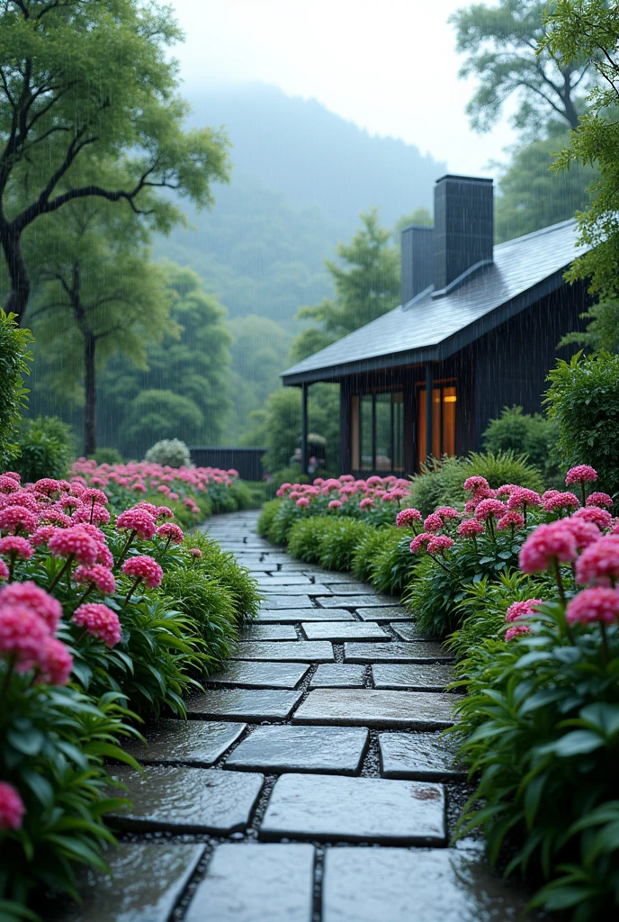 A serene garden pathway on a rainy day, lined with vibrant pink flowers and lush green bushes. The stone path is wet and reflective, leading to a charming, modern house with a dark, slanted roof. The surrounding greenery includes various trees and shrubs, giving a peaceful, secluded atmosphere with misty mountains faintly visible in the background."