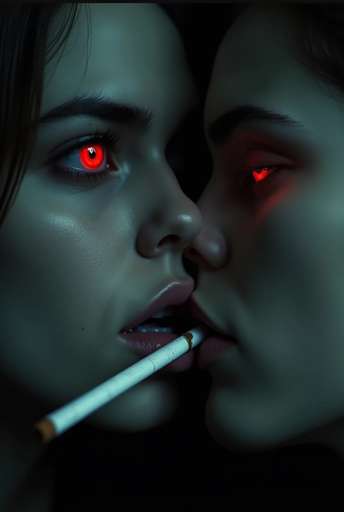 A close-up of a couple smoking cigarettes, drunk faces, red eyes, sinister tobacco smoke, eerie atmosphere, dark, haunting, ((masterpiece:1.2),ultra-detailed,realistic,photorealistic:1.37),(cinematic lighting),(dramatic chiaroscuro),gothic horror,moody,ominous,somber,atmospheric,moody,dramatic