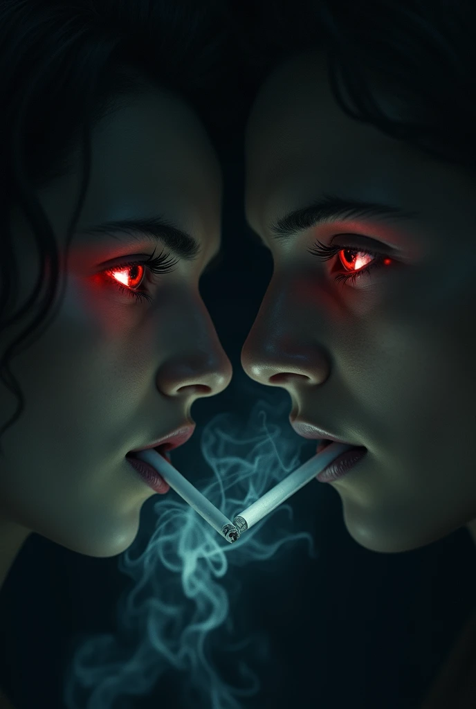 A close-up of a couple smoking cigarettes, drunk faces, red eyes, sinister tobacco smoke, eerie atmosphere, dark, haunting, ((masterpiece:1.2),ultra-detailed,realistic,photorealistic:1.37),(cinematic lighting),(dramatic chiaroscuro),gothic horror,moody,ominous,somber,atmospheric,moody,dramatic