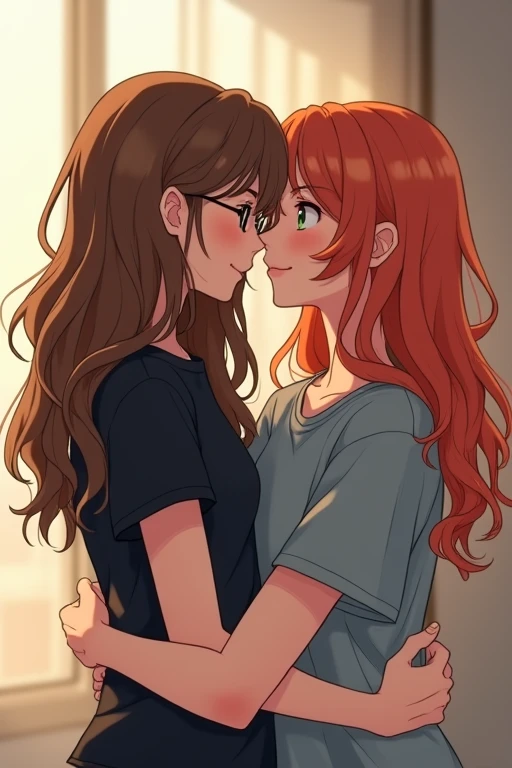 2 girl, friends, hugging tightly, atr. The first girl with brown slightly long hair a little messy and not straggly, the main length lies on the shoulders and a slanting fringe covering the left eye, gray-blue eyes and a black T-shirt, with round glasses, a little shorter, more cheerful. The second girl is reddish-orange slighty long hair, about the same hairstyle as the first girl only more neat and slightly round, quite lush hair and bangs in different directions across the forehead, dark green eyes, gray-blue T-shirt, slightly taller, more calm.