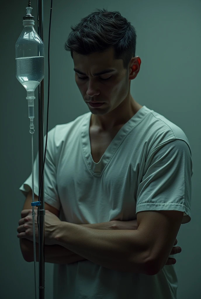 Person standing taking IV drip into sick vein