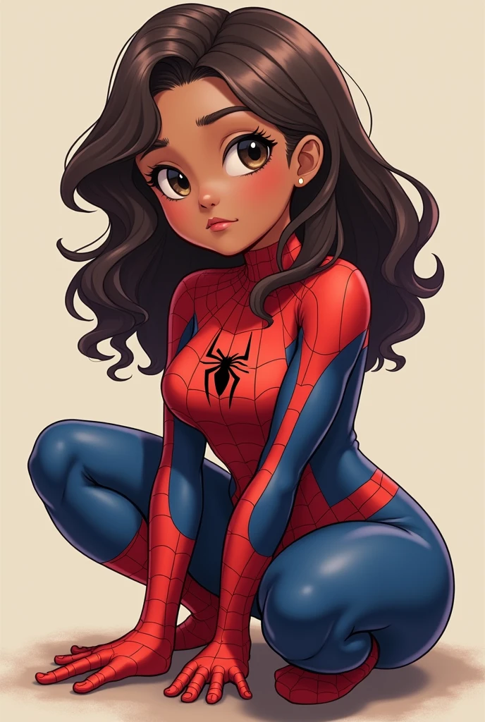 Spider-Man female version, chubby, dark brown skin , eyes a little slanted. Medium wavy dark brown hair. Cute anime style