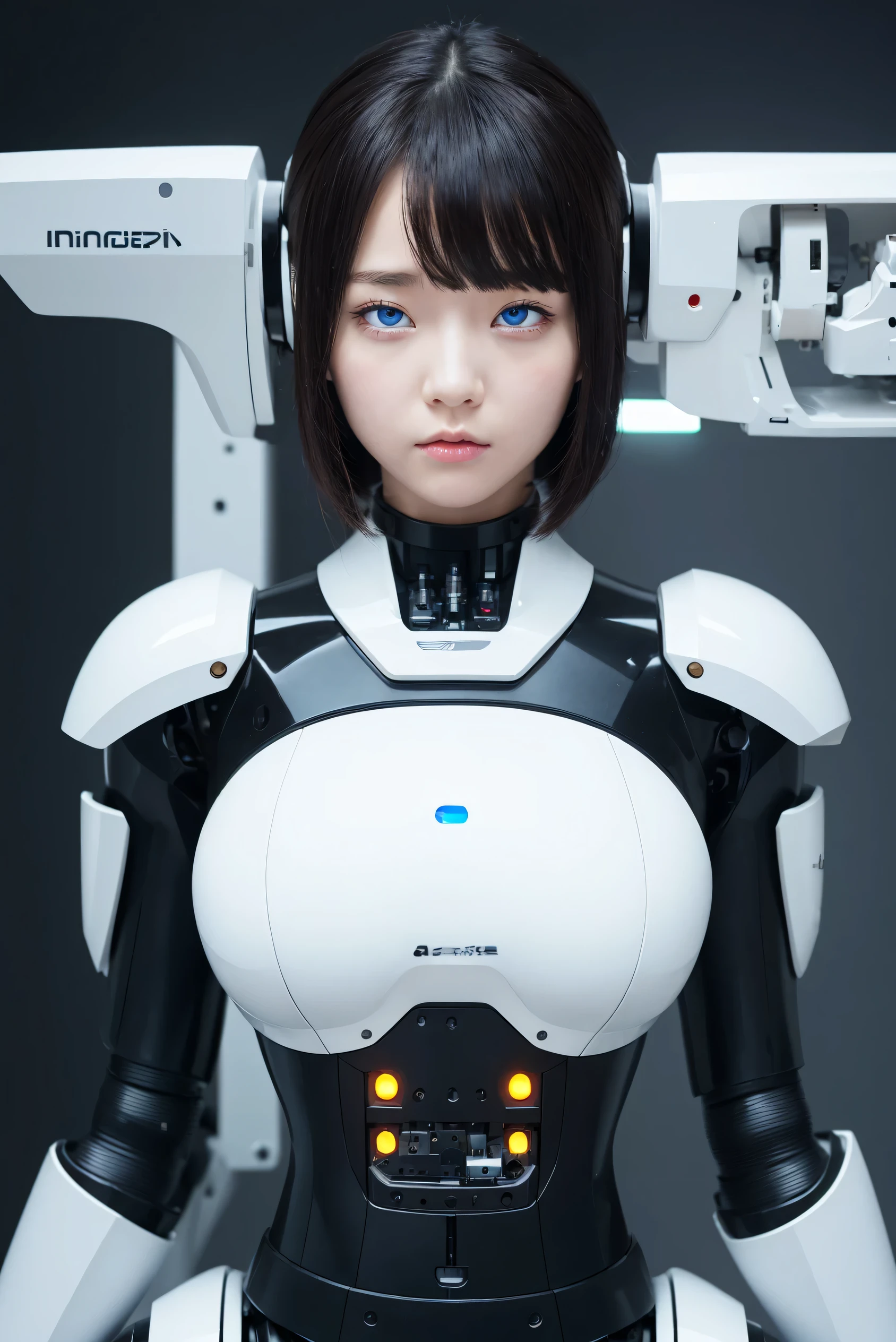 masterpiece, best quality, extremely detailed, 8K portrait,1girl in, Japaese android girl,android teacher,Plump , control panels,android,Droid,Mechanical Hand, ,Robot arms and legs, Black hair,Mechanical body,Blunt bangs,White Robotics Parts,perfect robot woman,Charging spot,perfect mechanical body,white robotics body,android assembly plant,white body,She has repaired,black sponge joints,android,laboratory,perfect machine body,white robot body,blue eyes,rolling eyes