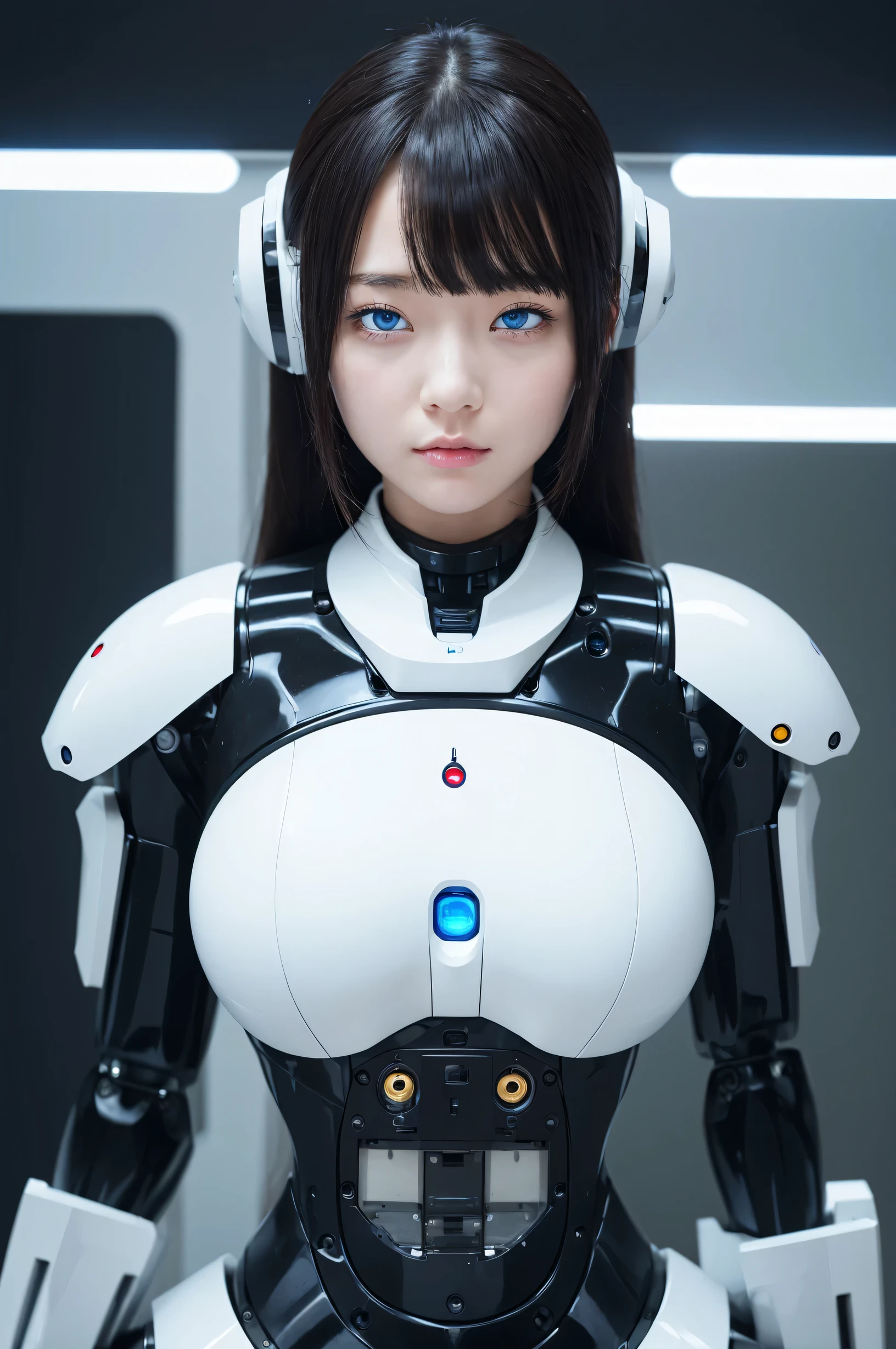 masterpiece, best quality, extremely detailed, 8K portrait,1girl in, Japaese android girl,android teacher,Plump , control panels,android,Droid,Mechanical Hand, ,Robot arms and legs, Black hair,Mechanical body,Blunt bangs,White Robotics Parts,perfect robot woman,Charging spot,perfect mechanical body,white robotics body,android assembly plant,white body,She has repaired,black sponge joints,android,laboratory,perfect machine body,white robot body,blue eyes,rolling eyes