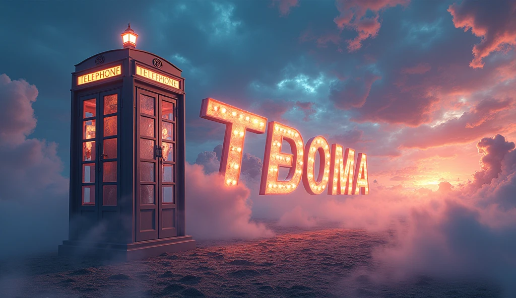Image generated of a telephone booth with a sky background, Promotional Art BBC, by Wayne England, fantasy TEDOMA cabin, Written on top of the booth TEDOMA, fancy, movie image, positioned to the right, 3840x2160, 3840 x 2160, por Derek Hill, Dr. Quem, por Jason Benjamin, Direction: Steve Prescott