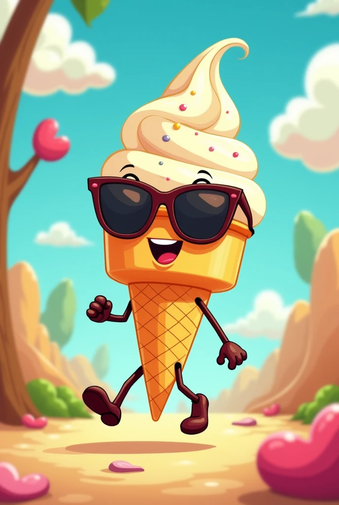 Ice cream with arms and legs walking wearing sunglasses from a 1960&#39;s Disney cartoon