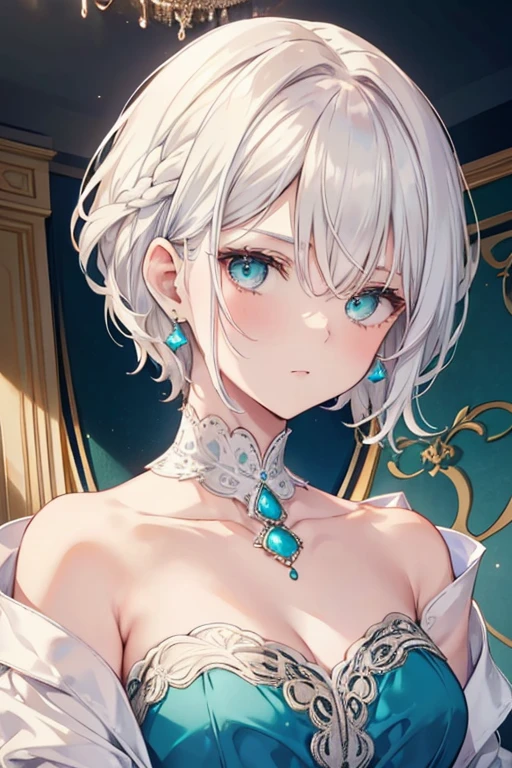 Adult woman with short white hair mulllet down the nape of her neck, a turquoise eye, serious expression, queen decorations in her hair, wearing an elegant dress with 18th century cream-colored neckline and lace.