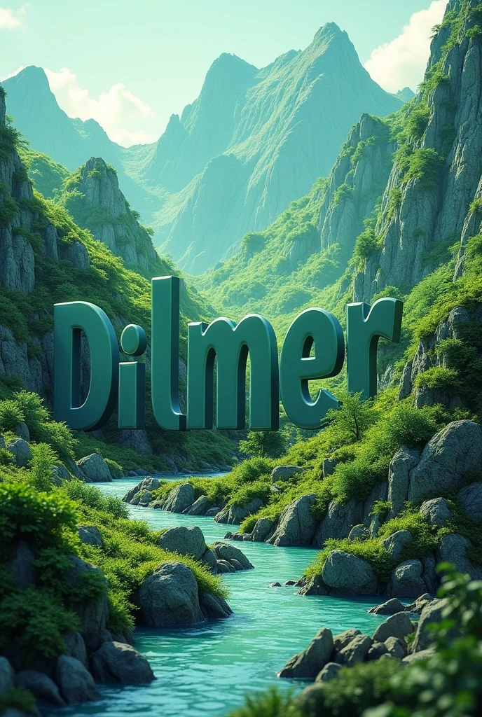 Generate the name Dilmer in 3D high relief with a background of a dazzling green mountain 