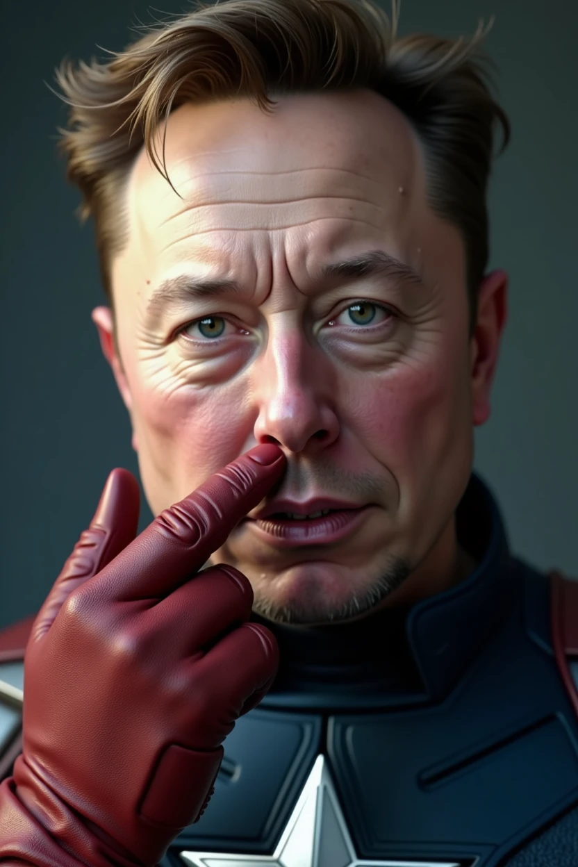 (CRU photo:1.2), (photorrealistic:1.4), Elon Musk wearing Captain America outfit, nor the mask, with his index finger inside his right nostril looking for a booger, very detailed eyes and face, beautiful detailed eyes, whole body, 4k resolution, high quality model, high détail, High definition, light on the face, cinematic lighting.