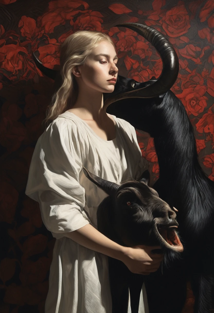 "(The best lighting, alto contraste, oscuro, dramatic),(Chica rubia junto a una cabra negra gigante, Open the rib cage, feto, autopsia, huesos humanos, sangre por las paredes). Luz Caravaggio"