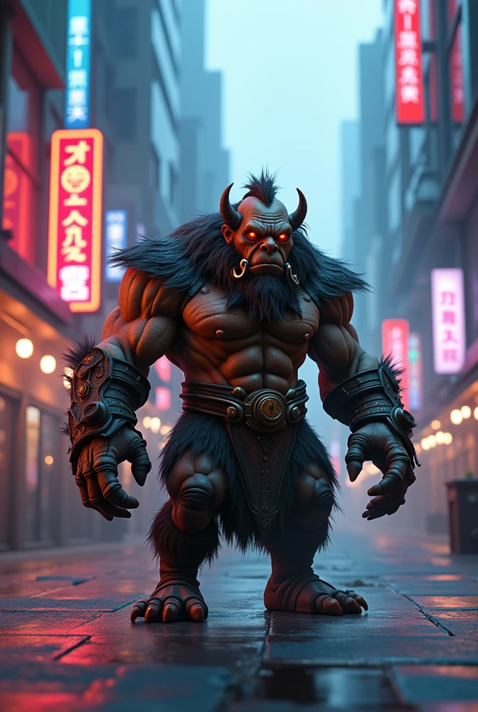 cyberpunk street, orc character, pixar style, neon lights, detailed character design, (best quality,4k,8k,highres,masterpiece:1.2),ultra-detailed,(realistic,photorealistic,photo-realistic:1.37),digital painting,character portrait,dramatic lighting,vibrant colors,cinematic composition,volumetric fog,intricate details,advanced 3d rendering