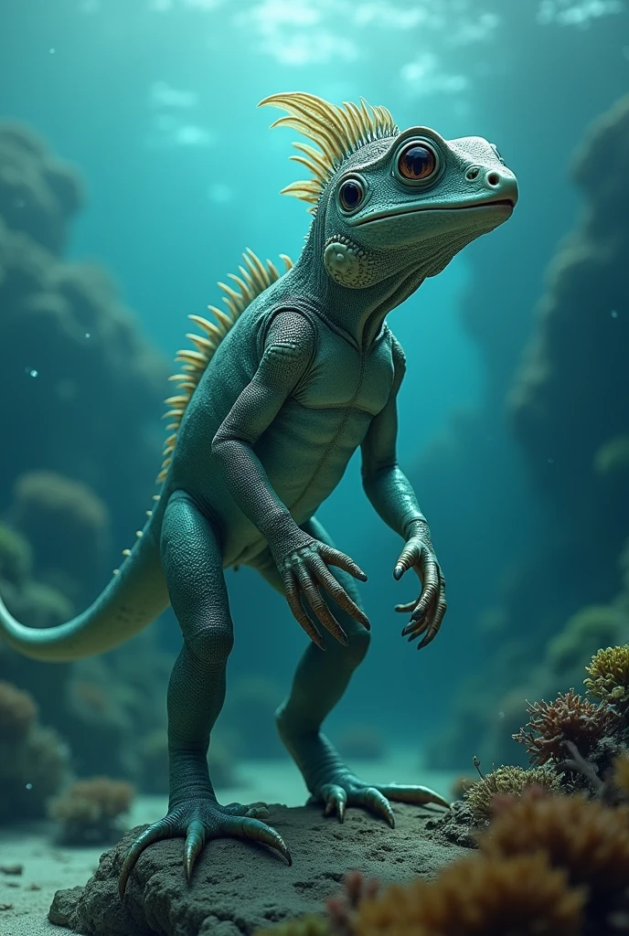 Could you please make an image of a new evolved species that is a combination of the evolution of an iguana that then became marine, please with fins that have similarities to a fish but is a lizard, please with fins like those of a fish please, but that its parts are not so different and change the shapes of its head and its hands are different as are its legs and that the parts of its face also change like similar to those of a fish please