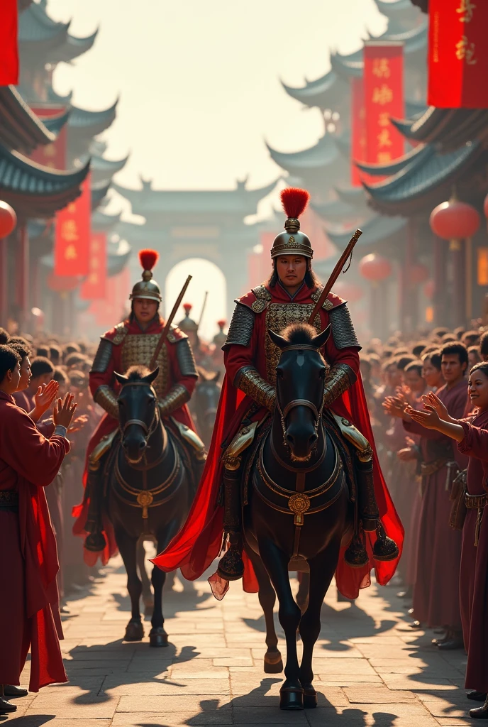 Have a platoon of Han dynasty Chinese soldiers march proudly through the city streets where the people celebrate their arrival.. do not put banners with names. make the facial features as Chinese as possible.