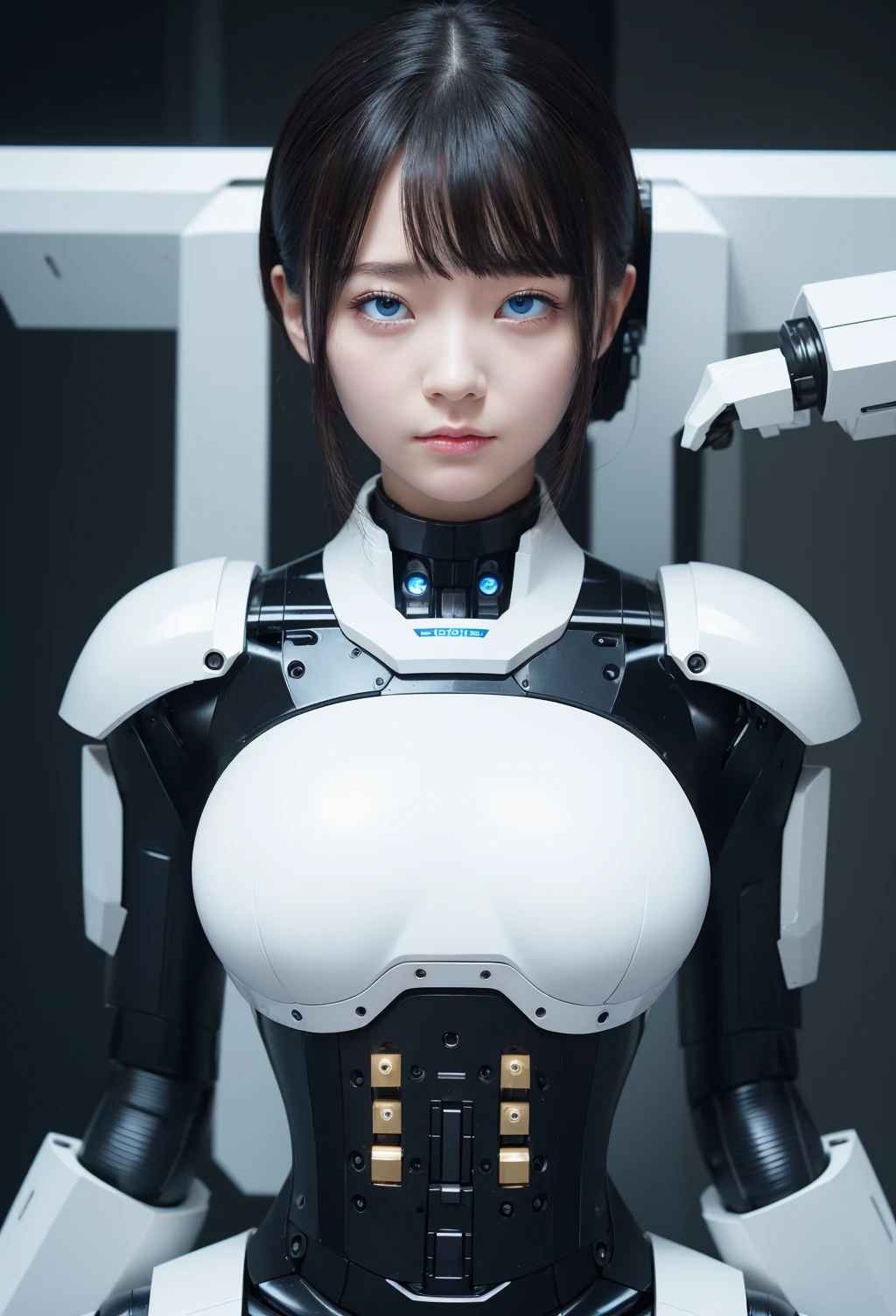 masterpiece, best quality, extremely detailed, 8K portrait,1girl in, Japaese android girl,android teacher,Plump , control panels,android,Droid,Mechanical Hand, ,Robot arms and legs, Black hair,Mechanical body,Blunt bangs,White Robotics Parts,perfect robot woman,Charging spot,perfect mechanical body,white robotics body,android assembly plant,white body,She has repaired,black sponge joints,android,laboratory,perfect machine body,white robot body,blue eyes,rolling eyes