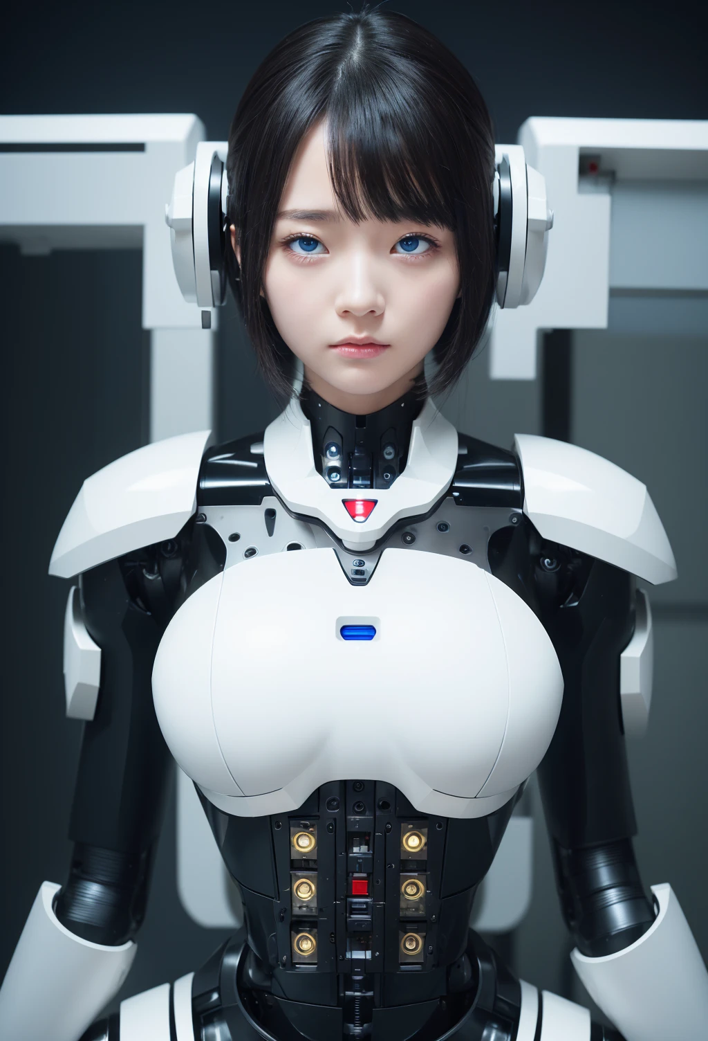 masterpiece, best quality, extremely detailed, 8K portrait,1girl in, Japaese android girl,android teacher,Plump , control panels,android,Droid,Mechanical Hand, ,Robot arms and legs, Black hair,Mechanical body,Blunt bangs,White Robotics Parts,perfect robot woman,Charging spot,perfect mechanical body,white robotics body,android assembly plant,white body,She has repaired,black sponge joints,android,laboratory,perfect machine body,white robot body,blue eyes,rolling eyes