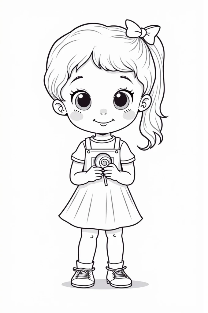 Coloring page of a girl (just a girl) preschool age child with their hands in front of them and handing out a candy