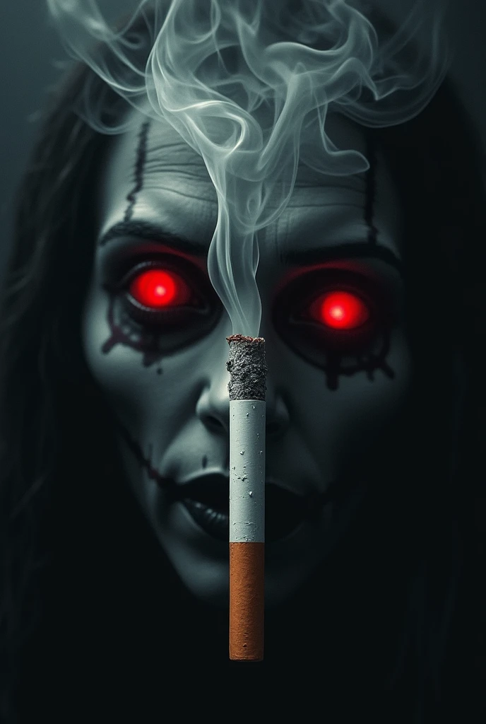 A dark poster featuring a smoking cigarettes, with drunk faces and red eyes. The tobacco smoke forms sinister shapes, creating an eerie atmosphere. 