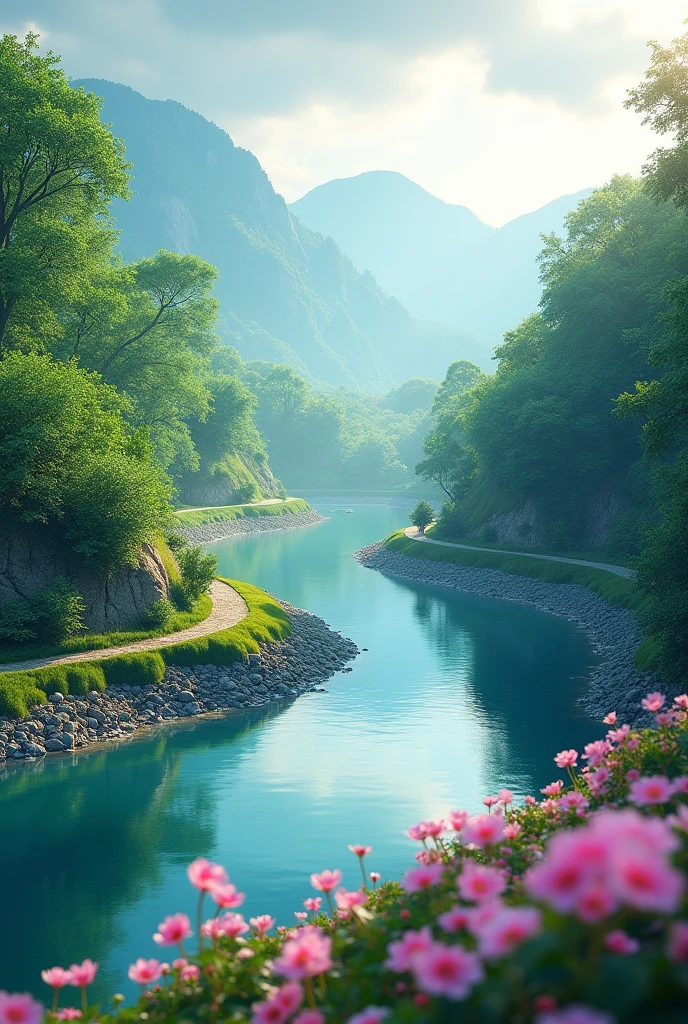 Create a breathtaking landscape with a serene river curving through a lush forest. The trees are vibrant green, and the path alongside the river is lined with soft, pink petals, gently scattered on the ground. The water reflects the surrounding greenery and pink blossoms, creating a mirror-like effect. In the background, there are distant, mist-covered mountains under a calm, cloudy sky. The atmosphere should be tranquil, with a hint of early morning light filtering through the trees."
This prompt should help you capture the essence of the scene.
ChatGPT can make mistakes. Check important info.