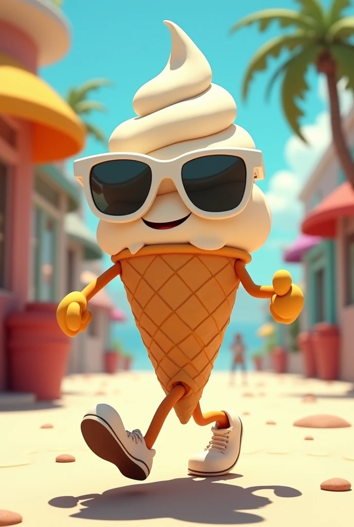 Ice cream with arms and legs walking wearing 1960's Disney cartoon style sunglasses in white and grey