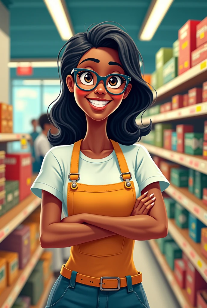 Cartoon of a woman working in a supermarket with dark skin, wavy hair and glasses