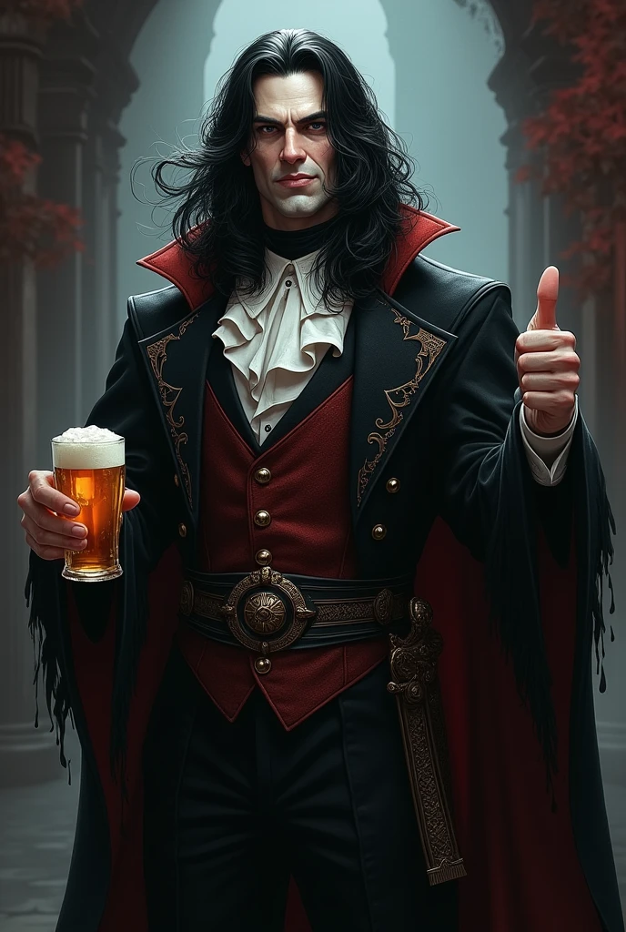 strahd von zarovich with jet black long hair giving a thumbs up while holding a beer