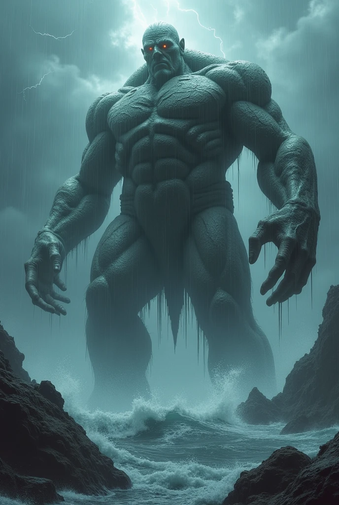 A titan emerges from the sea on a rainy day