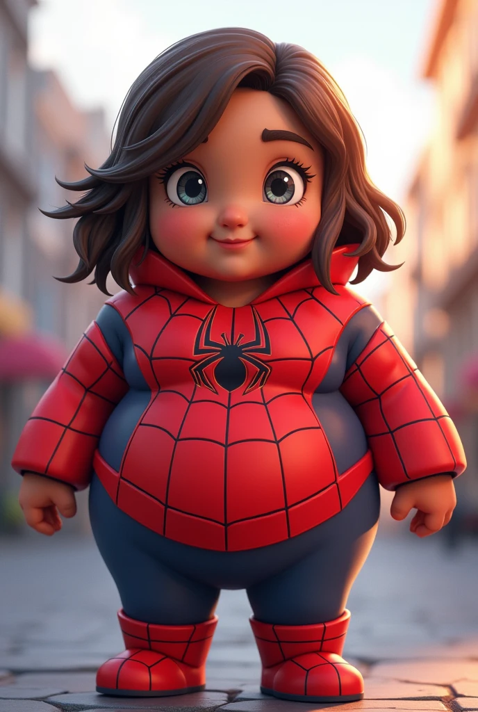 Spider-Man female version, very chubby, big cheek, dark brown skin , eyes a little slanted. Medium wavy dark brown hair. Cute anime style