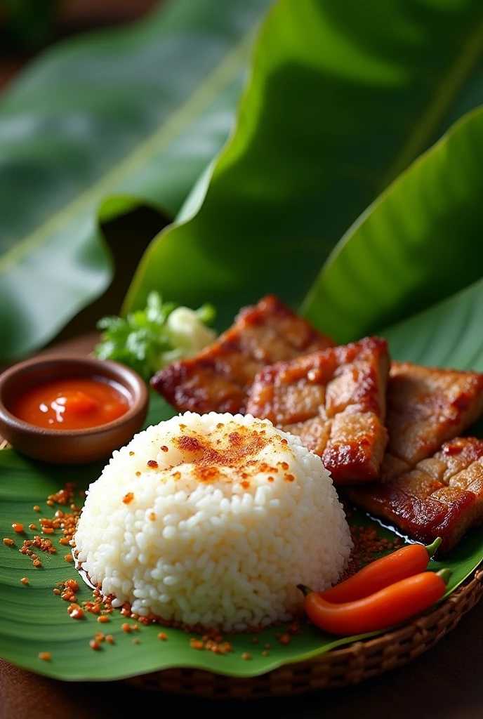 Sticky rice with grilled pork, banana leaf, Thai tray