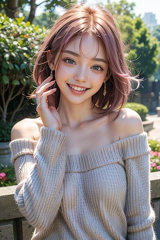 highest quality, masterpiece, Ultra-high resolution, (Realistic:1.4), (Close-up portrait) RAW Photos, 1 girl,23 years old,((I'm showing my teeth and smiling)),((Big smile)),((look up)),((Random cute poses)),,((Passionate pink haired girl )),((wearing oversized offshoulder  gray sweater,overly long sleeves thin fabric sweater:1.2)),Short Bob Hair、((Cap Chestnut)),((Short bangs)),Realistic,Image Media Chest))(small breast cleavage:1.2).nipples.no bra.slender.
deep blue eyes.earrings.her right arm is raised up.