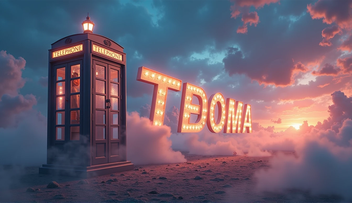 Image generated of a telephone booth with a sky background, Promotional Art BBC, by Wayne England, fantasy TEDOMA cabin, Written on top of the booth TEDOMA, fancy, movie image, positioned to the right, 3840x2160, 3840 x 2160, por Derek Hill, Dr. Quem, por Jason Benjamin, Direction: Steve Prescott