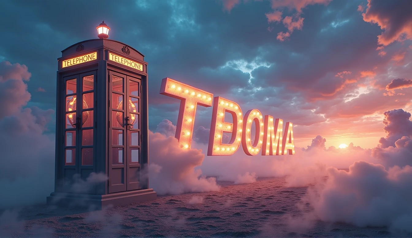 Image generated of a telephone booth with a sky background, Promotional Art BBC, by Wayne England, fantasy TEDOMA cabin, Written on top of the booth TEDOMA, fancy, movie image, positioned to the right, 3840x2160, 3840 x 2160, por Derek Hill, Dr. Quem, por Jason Benjamin, Direction: Steve Prescott