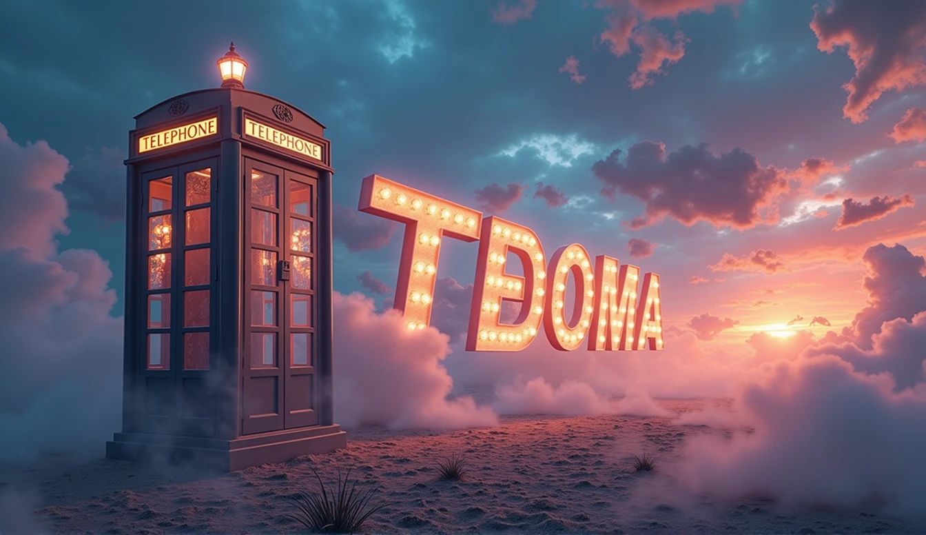 Image generated of a telephone booth with a sky background, Promotional Art BBC, by Wayne England, fantasy TEDOMA cabin, Written on top of the booth TEDOMA, fancy, movie image, positioned to the right, 3840x2160, 3840 x 2160, por Derek Hill, Dr. Quem, por Jason Benjamin, Direction: Steve Prescott