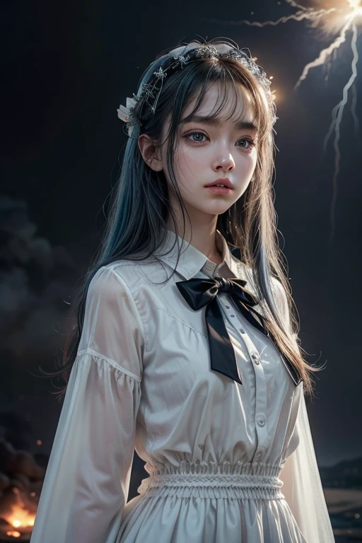 masterpiece, exquisite, illustration, {beautiful and meticulous girl}, beautiful and detailed halo, (war fire: 1.2), (nuclear explosion behind: 1.3), rain, detailed lighting, water detail, (Beautiful and detailed eyes.: 1.1), expressionless, palace, sky blue hair, by the scattered, long bangs, eyebrows, (grayish white dress: 1.1), black tie, white bow tie, abdomen superior, big front, bored, flower, long sleeves