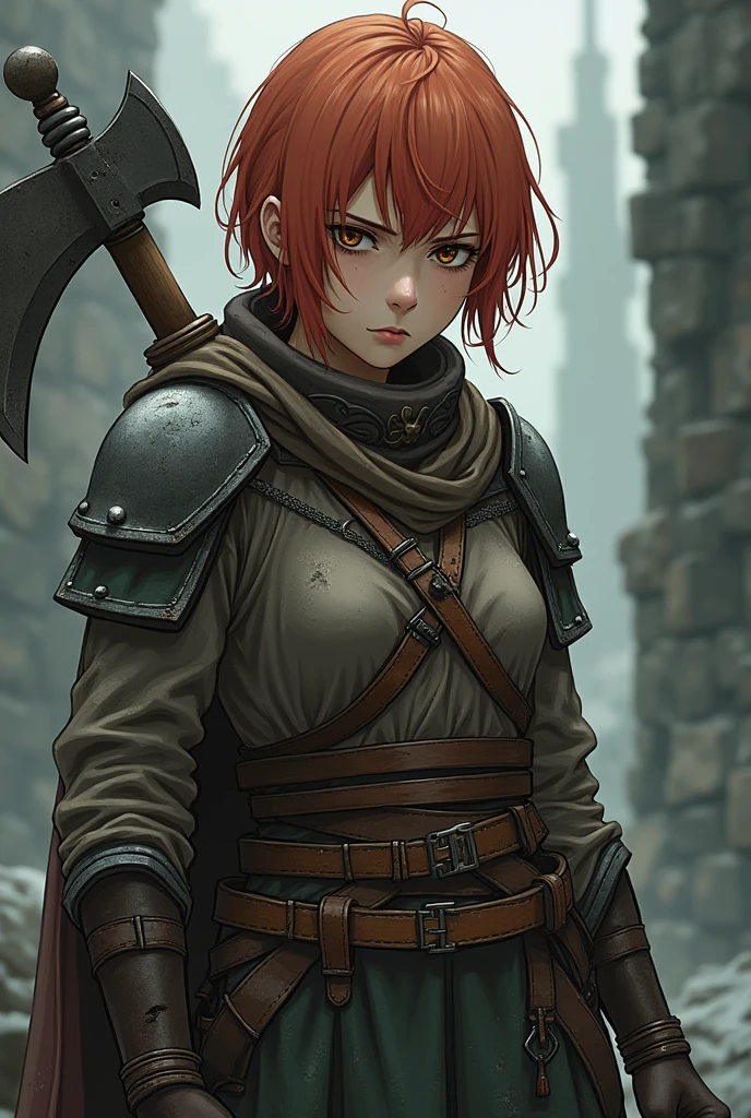 Adult woman with short reddish-orange hair, a warrior with worn clothes and broken armor, with a depressed face, with axe in hand, Brown eyes, anime styling