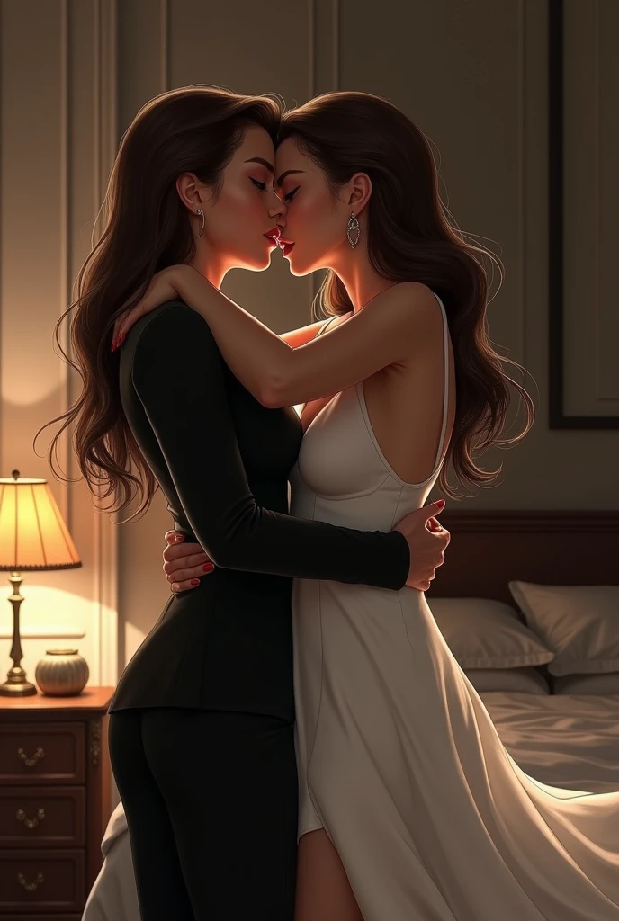 A black dressed woman hold other white dressed womans waist. And they are kissing.First woman wears like boss. First woman have brown hair and she tidy up her hair. Second woman hold other woman's neck. They are kissing in the large,dark bedroom.