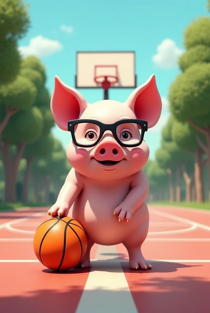 Pig with glasses playing basketball