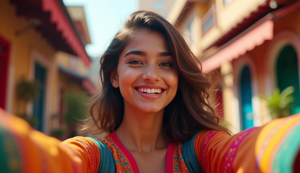 4k, 8k, UHD, Create a vibrant and lively YouTube thumbnail featuring a 21-year-old cute Pakistani desi girl taking a selfie. Cute Healthy face, She should have a cheerful expression, with a slight tilt of her head and a playful smile. The background can include a colorful, lively street scene or a cozy indoor setting with traditional Pakistani decor elements. Make sure her outfit reflects modern desi fashion, with bright colors and intricate patterns, youthful font that complements the overall joyful vibe of the thumbnail.