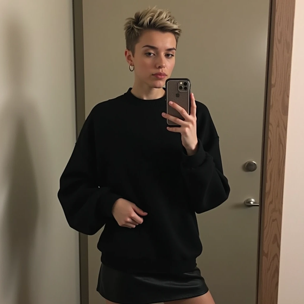 Pretty face, short hair, edgy pixie cut, black sweater, black mini skirt, mirror selfie, 