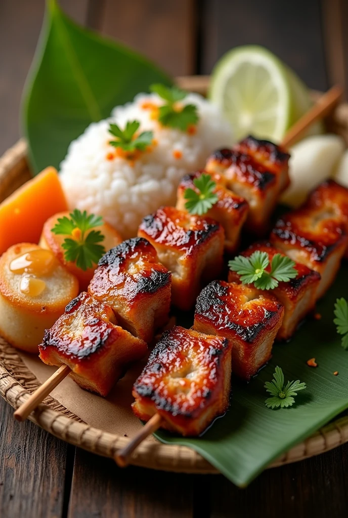 Sticky rice balls, grilled pork skewers, banana leaf, Thai tray