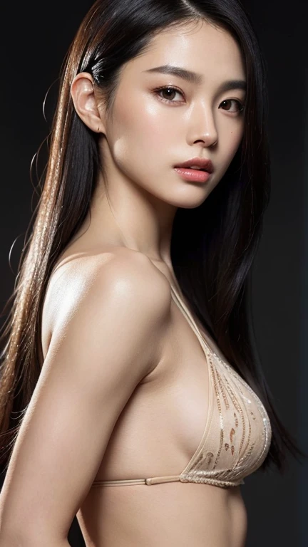 （（surreal、Super detailed image, maybe a photo.，Captures the details of the skin texture of an incredibly beautiful woman..））long straight black hair。masterpiece, pure background, beautiful, elegant. Ultra-fine details, masterpieces, realistic textures, realistic cinematic lighting, perfect work, 8k, HD, delicate Facial Features, full body, bikini 