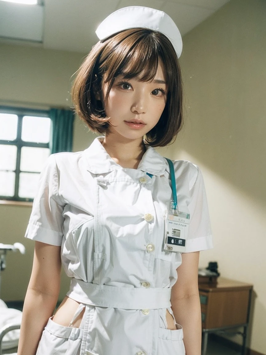 woman, alone, (Wearing white nurse clothes:1.2), (Bobcut), Shortcuts,bangs, Black Hair, nurse, Perfect Anatomy, nurse uniform, (Nurse cap), (White costume), Long skirt, hospital, Face close-up