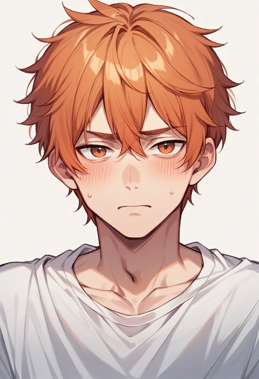 Anime artwork of a ginger-haired boy, pretty, blushing , in front of the camera perspective, neutral pose