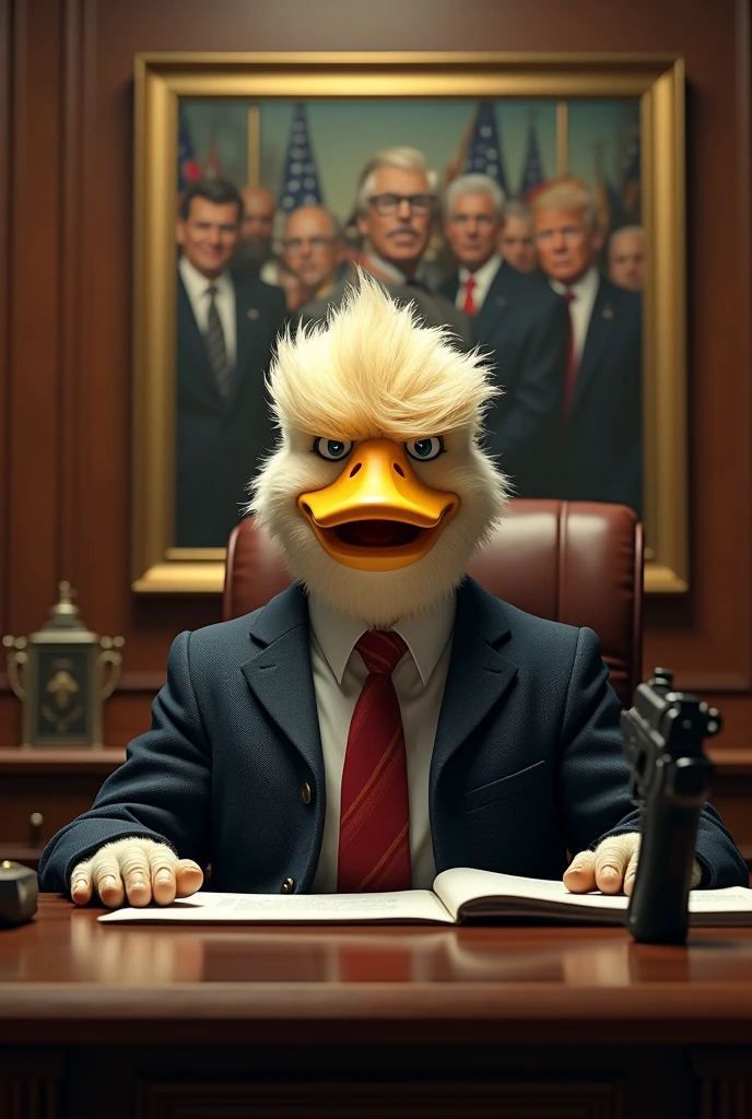 Mafia duck with hairstyle of donald trump, soft fur skin, sitting in office, gun on the table, portrait of everything behind