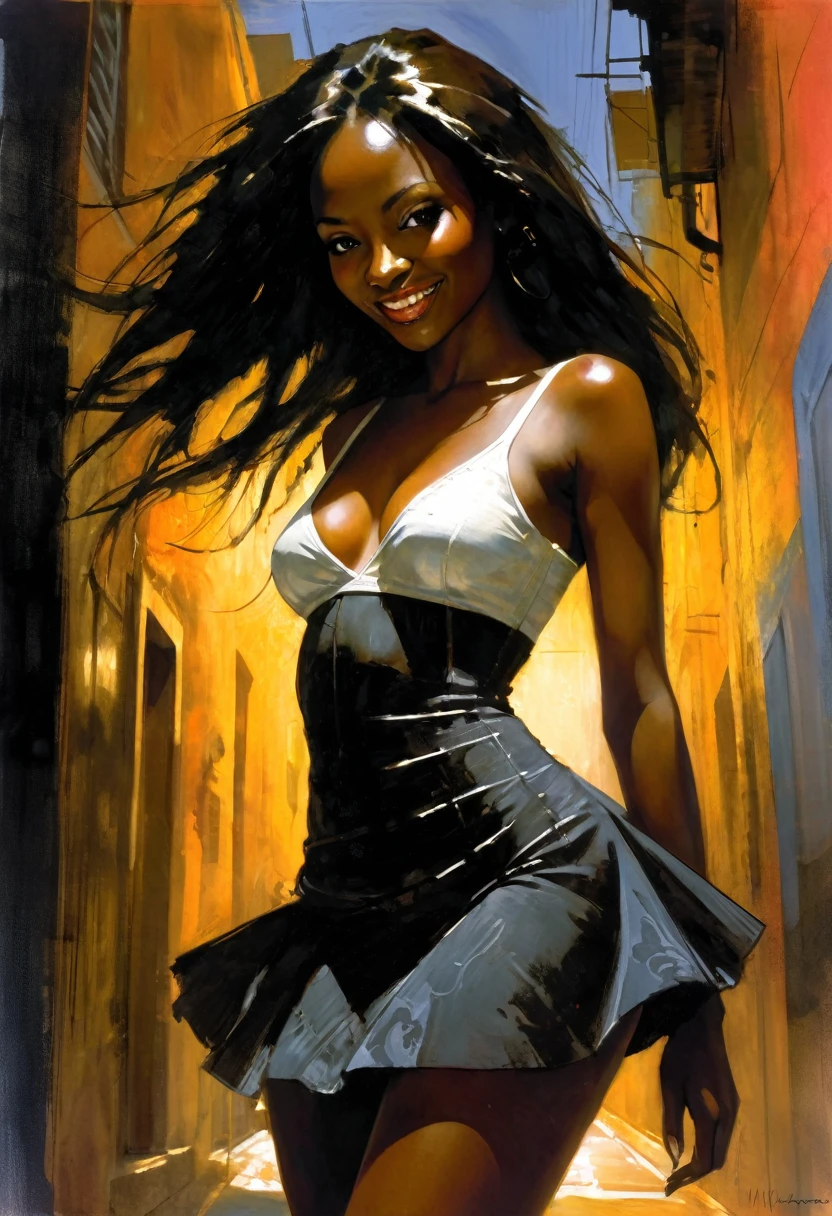 on the city street, in front, very sexy girl, Colombian, black skin, long hair, wearing a sexy dress, looks at us, smiles. She lifts her skirt and shows her panties,eroticism, sexy, black and white image, between shadows, oil painting, chiaroscuro, sensual, dramatic lighting, moody atmosphere, photorealistic, intricate details, masterpiece, ultra-detailed, high quality, 8k, best quality, realistic, cinematic, dark and brooding, expressionistic, powerful composition, emotional impact, {{{,{pussy,spread her pussy,cum,cum on pussy,masterbation,straddling,},cute,ultra detailed black skin,sketch}}}, art inspired by Bill Sienkiewicz and Dave McKean
