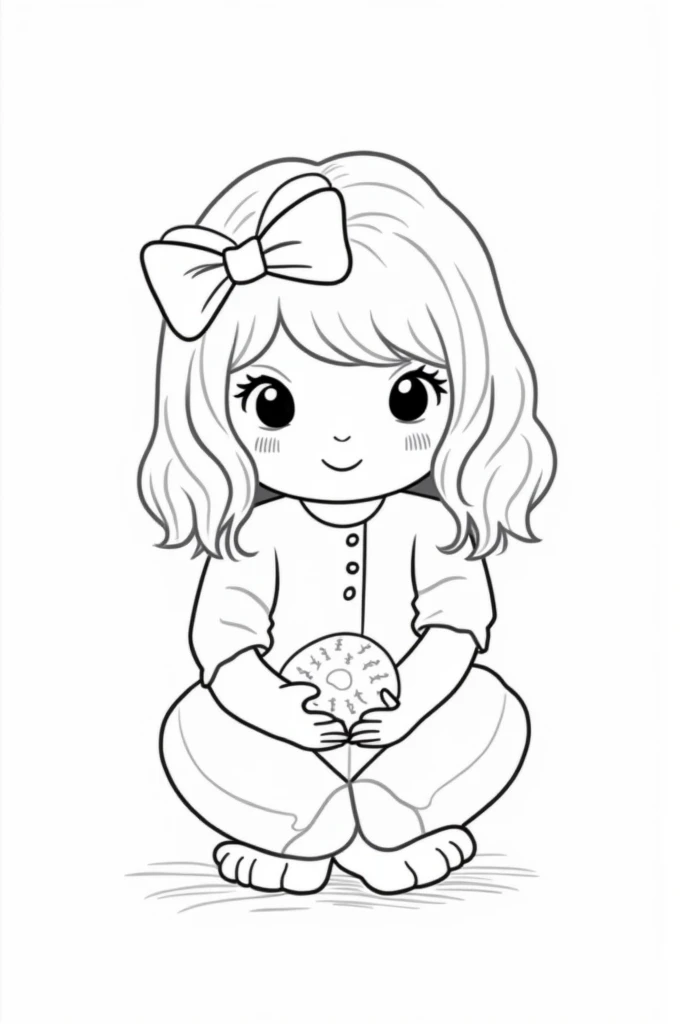 Kawaii coloring page of a girl (just a girl) preschool age child sitting with hands in front of her and handing out a candy