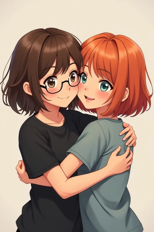 2 girl, friends, sisters, hugging tightly, atr. The first girl with brown slightly long hair a little messy and not straggly, the main length lies on the shoulders and a slanting fringe covering the left eye, gray-blue eyes and a black T-shirt, with round glasses, a little shorter, more cheerful, tactile and clingy. The second girl is reddish-orange slighty long hair, about the same hairstyle as the first girl only more neat and slightly round, quite lush hair and bangs in different directions across the forehead, dark green eyes, gray-blue T-shirt, slightly taller, more calm, self-contained.