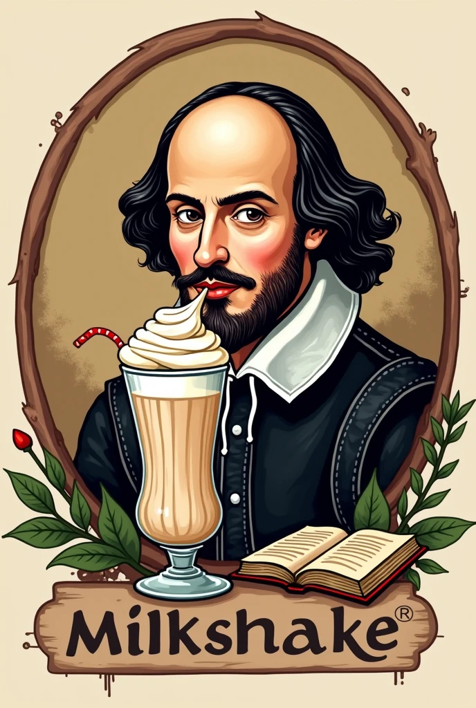 Coffee shop logo with Shakespeare drinking a milkshake