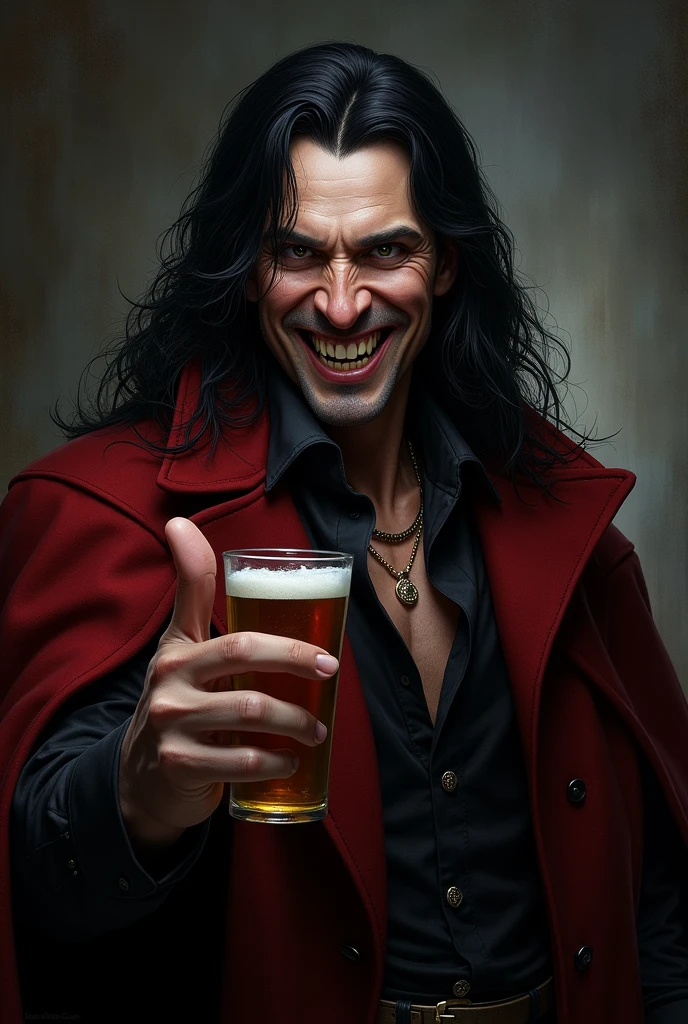strahd von zarovich with jet black long hair giving a thumbs up while holding a beer while smiling with vampire teeth 