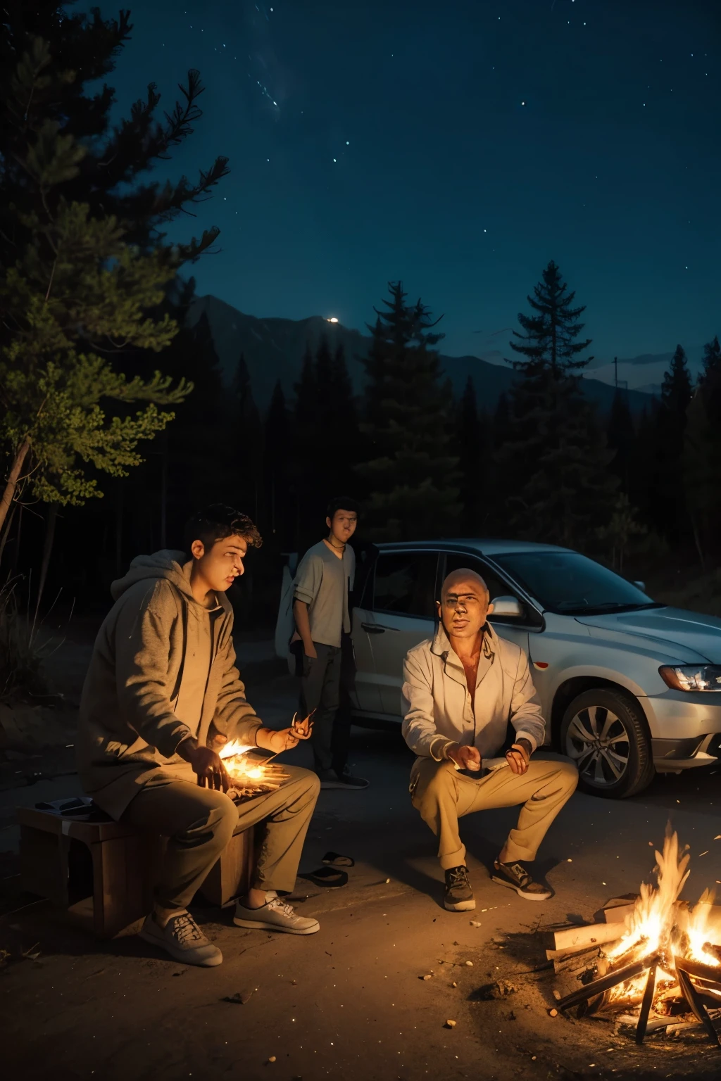 Car on the side of the road with people making a bonfire roasting pine nuts at night. 